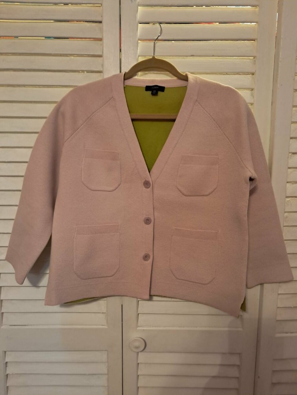 J CREW BLUSH PINK GREEN BLOCK CARDIGAN SWEATER XS